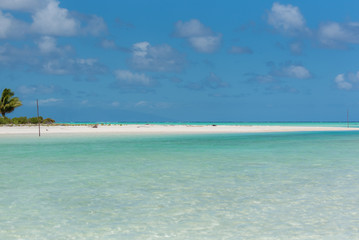      Desert island, motu, in French Polynesia, panorama of turquoise sea
