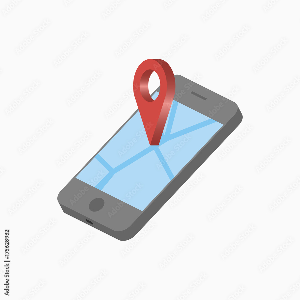 Aufkleber 3D mobile phone and location pointer. Isometric smartphone with map and pin. GPS navigation concept. Vector illustration.
