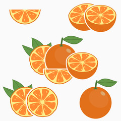 Orange. Citrus fruit with leaf - whole, half, slice. Vector illustration.