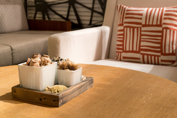 Fototapeta na wymiar Arrangement of dried plants on wooden coffee table