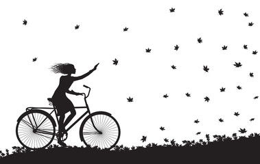 autumn come, girl riding on the bicycle and autumn leaves falling, silhouette, black and white,