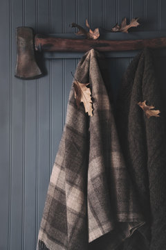 Winter wool blankets hanging with axe