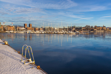 View on Oslo from marina in winter season. Norway
