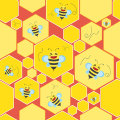 Seamless vector background, cute bee on honeycomb background.