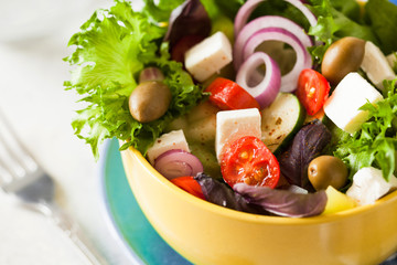 Fresh salad with mixed greens and cherry tomato in bowl