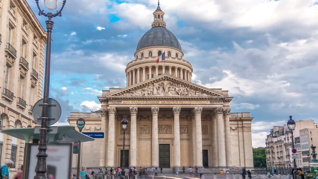 National pantheon building timelapse hyperlapse, front view with street and people. Paris, France