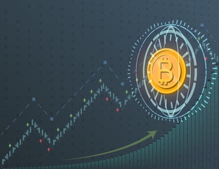 Bitcoin symbol, money and price chart. Cryptocurrency concept. Vector abstract background