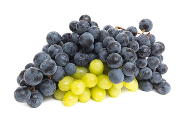 Green grapes under black grapes with water splashes isolated on white background
