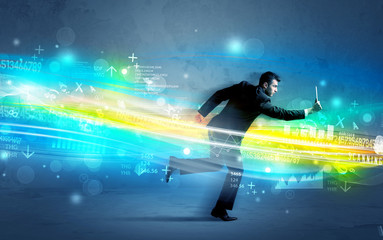 Obraz na płótnie Canvas Business man running in high tech wave concept