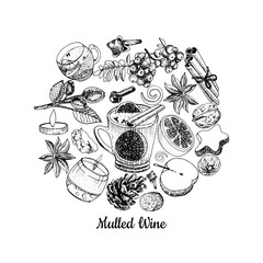 Mulled wine ingredients illustration. Hand drawn sketches of mulled wine glasses and supplies.