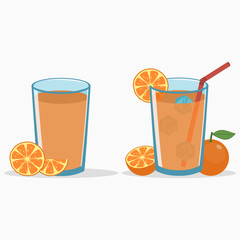 Orange juice in a glass with orange slice and half. Natural fresh citrus drink with straw and ice cube. Vector illustration.