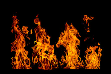 Fire flame set on black isolated background - Beautiful yellow, orange and red and red blaze fire flame texture style.
