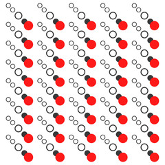 Abstract geometric pattern of grey and red dots and circles.