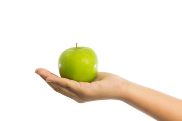Woman hand with green apple isolated on white background