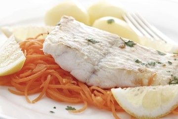 Roasted filet of atlantic catfish served with julienned carrots and potatoes