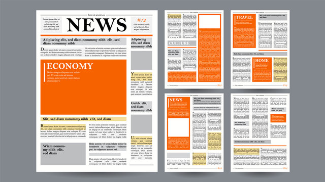Newspaper Design Template Vector. Images, Articles, Business Information. Opening Editable Headlines Text Articles. Realistic Isolated Illustration