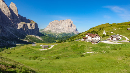 Fototapeta na wymiar Picturesque sella rock from gardena pass in Dolomites, Italy