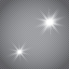 Set of shining lights isolated on a transparent background. The flash flashes with rays and a searchlight. Light effect of glow. The star flashed with sparkles.