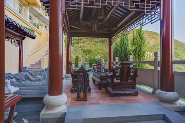Fototapeta na wymiar Exterior of a villa, pergola in a Chinese style