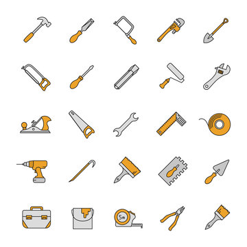 Construction tools color icons set