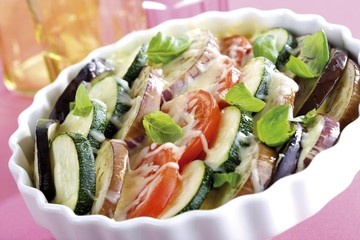 Baked vegetable gratin, courgette, aubergine, tomatoes