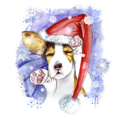 watercolor for Christmas and new year, dog in santa claus hat, winter hat, sleeping puppy, paws, dog lies, asleep, for the design of cards or decor, New Year's print, against the background of snowfla