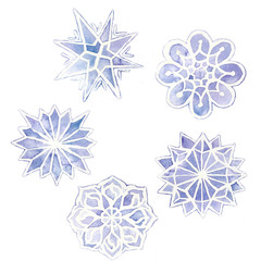 watercolor drawing of snowflakes, set of 6 snowflakes, purple on a white background, for graphics and design