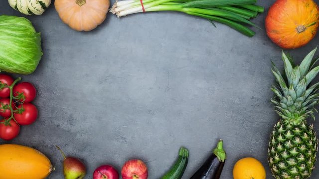 Top view on vegetables dancing on border with empty space for your text. 4k stop motion animation loop.