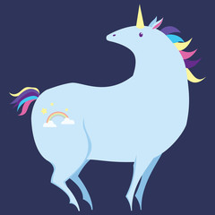 Vector illustration of Funny unicorn. Isolated on a dark-violet background. Character of fairy tales and legends