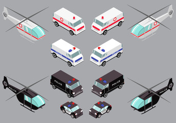 isometric vehicles of the emergency city services. Ambulance van emergency medical service helicopter for evacuation.Hospital medical care to the patient.Police suv and special purpose vehicle.  © dukesn