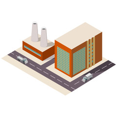 The isometric industrial building with a pipe. Modern Plant or factory building.City landscape.industry factory.3d multystoried production building.The street with cars which go on the road