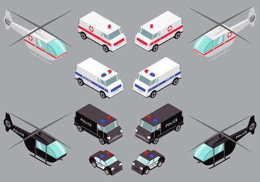 isometric vehicles of the emergency city services. Ambulance van emergency medical service helicopter for evacuation.Hospital medical care to the patient.Police suv and special purpose vehicle. 