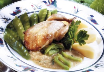 Fried partridge with sugar peas and celery