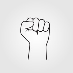 Fist hand up. Line flat design. Isolated on white background. Vector illustration. Clenched fist raised to top.  Symbol of winner.