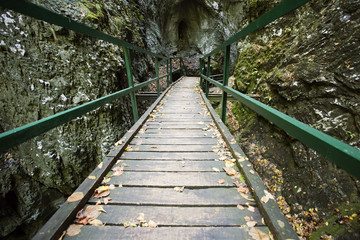 Obraz premium Construction for walking through Vrajzi prolaz canyon in Gorski kotar, Croatia