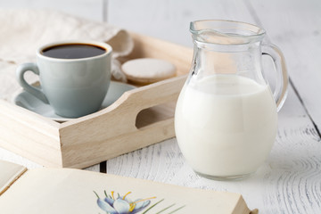 breakfast, tray with cup of coffee and sweets
