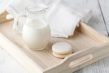 breakfast in bed, tray with milk