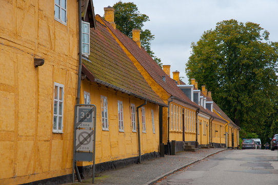 Old yellow houses  in town of Soro in Denmark