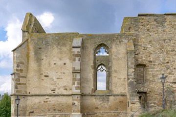Empty window openings in a church ruin. Belleer Kirche Church in Eckelsheim Rhineland-Palatinate, Germany. Rhine-Hesse.