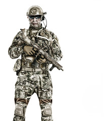 Half length low angle studio shot of special forces soldier in field uniforms with weapons, portrait isolated on white background, front view. Protective goggles glasses are on