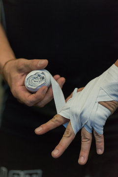 Taped hands in crossfit gym