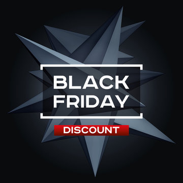 Black Friday Discount. Volume geometric shape, 3d levitation black crystal, creative low polygons dark object. Red accent. Vector design form for you business projects
