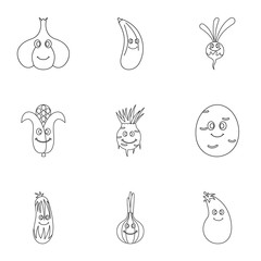 Funny vegetables character icon set, outline style