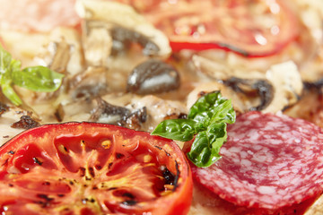 Closeup of pizza with salami, tomatoes and olives