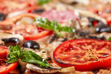 Fototapeta na wymiar Closeup of pizza with salami, tomatoes and olives