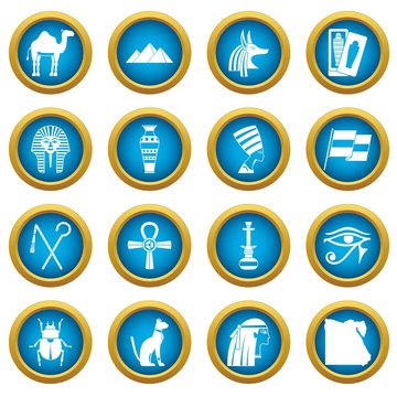 Egypt travel items icons blue circle set