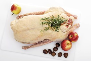 Uncooked goose, sweet chestnuts, apples