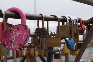 Heart chaped chain locks in Tibidabo, the highest part of Barcelona
