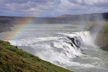 Gullfoss-waterfall at the Hvita-river in Iceland with rainbow in evening light - Iceland, Europe