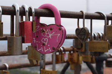 Heart chaped chain locks in Tibidabo, the highest part of Barcelona